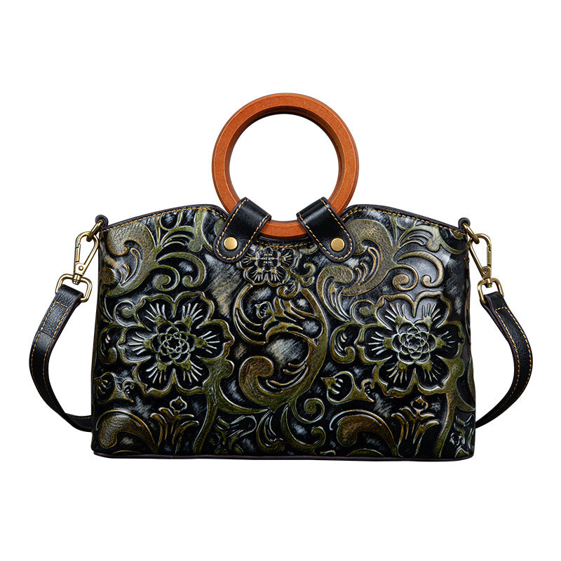 Sac à main en cuir véritable embossé – Motif floral vintage