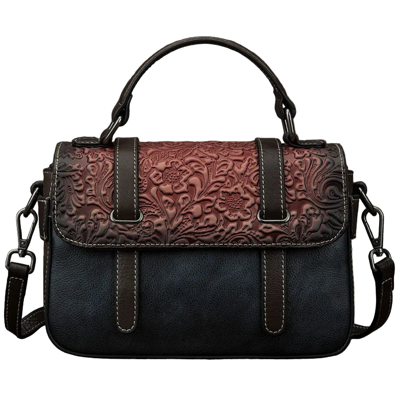 Sac à main en cuir véritable embossé – Style vintage floral
