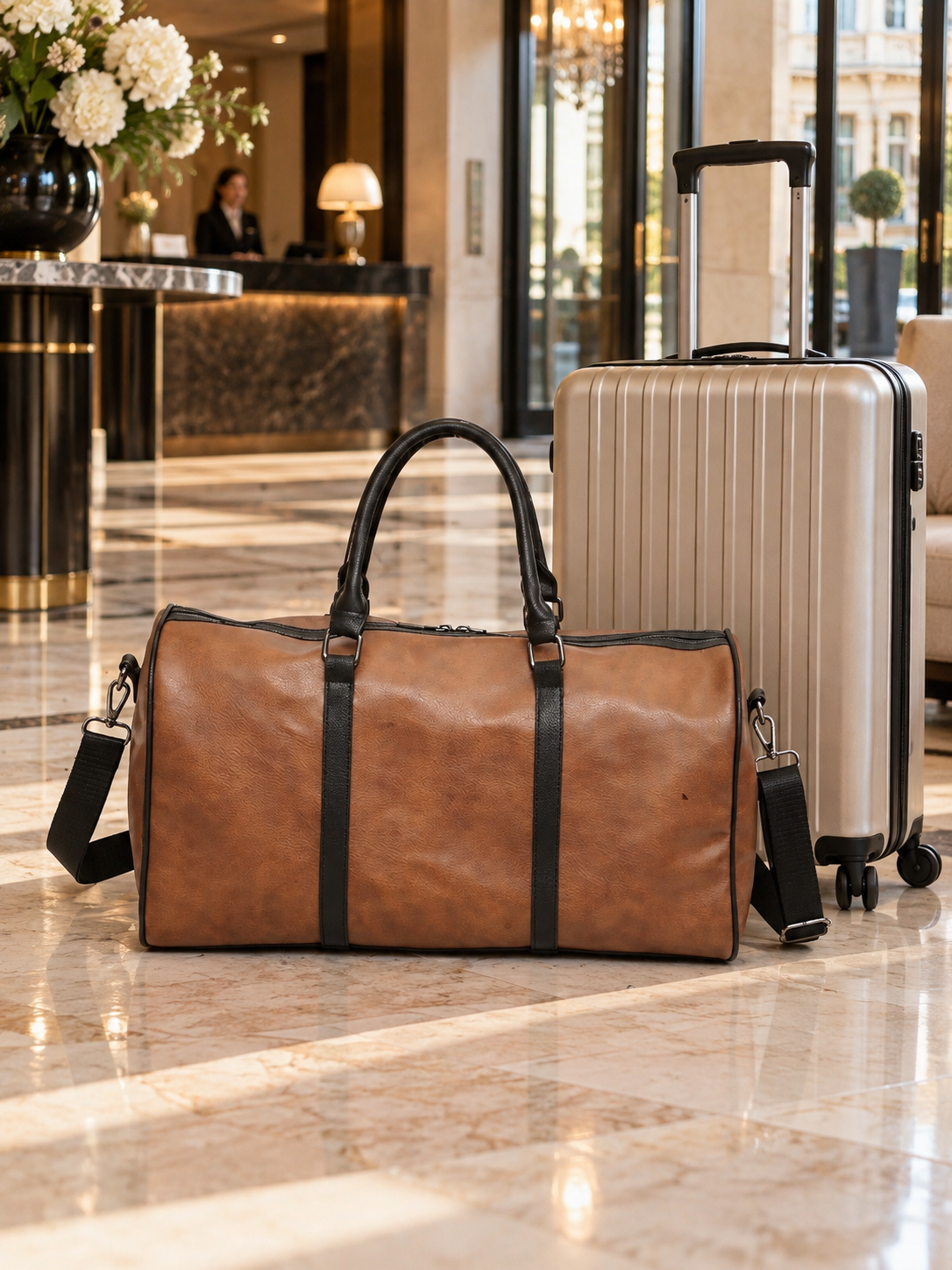 Sac de voyage marron dans un hall d’hôtel avec une valise